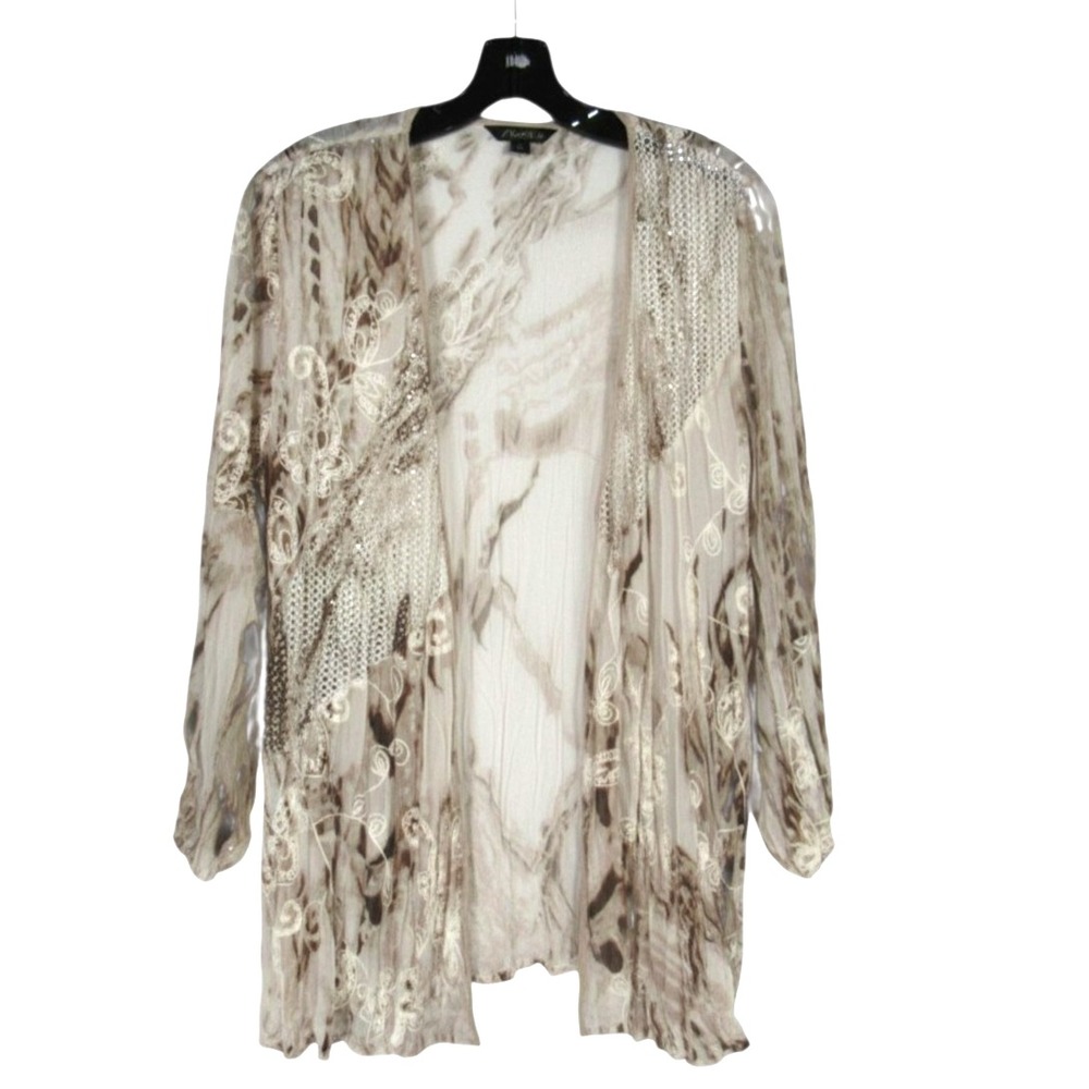 CHICO'S TRAVELERS Beige CRINKLE CHIFFON Mesh/Floral OPEN FRONT Cardigan 0/US-S